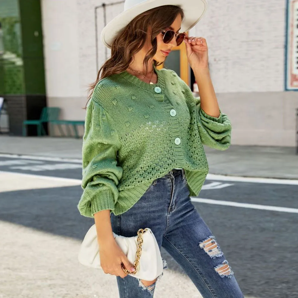 Cute Crew Neck Puff Sleeve Button Down Popcorn Crochet Knit Cardigan