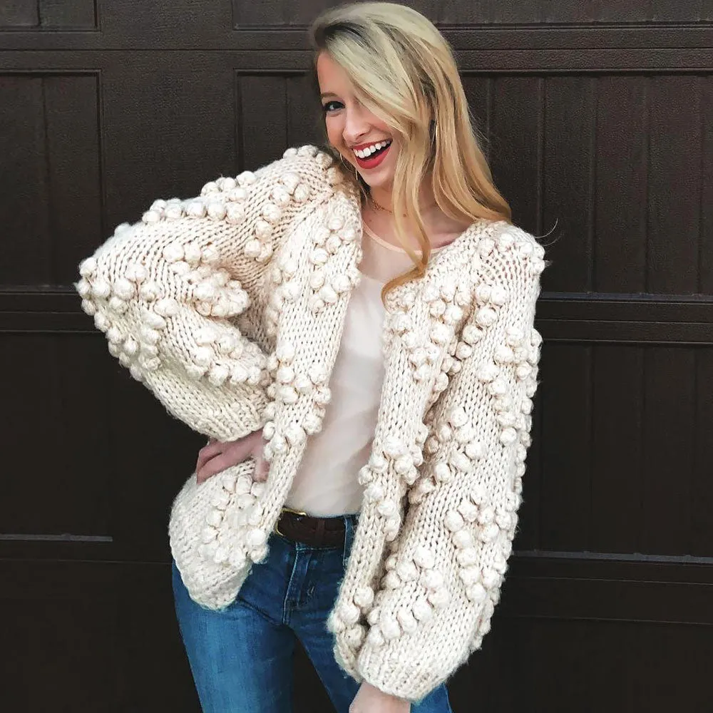 Cute Popcorn Heart Motif Crew Neck Chunky Hand Knit Cardigan