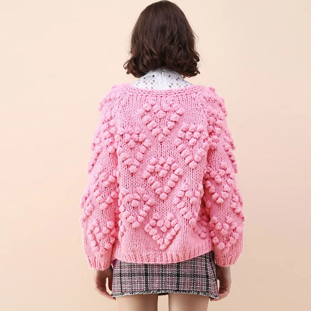 Cute Popcorn Heart Motif Crew Neck Chunky Hand Knit Cardigan