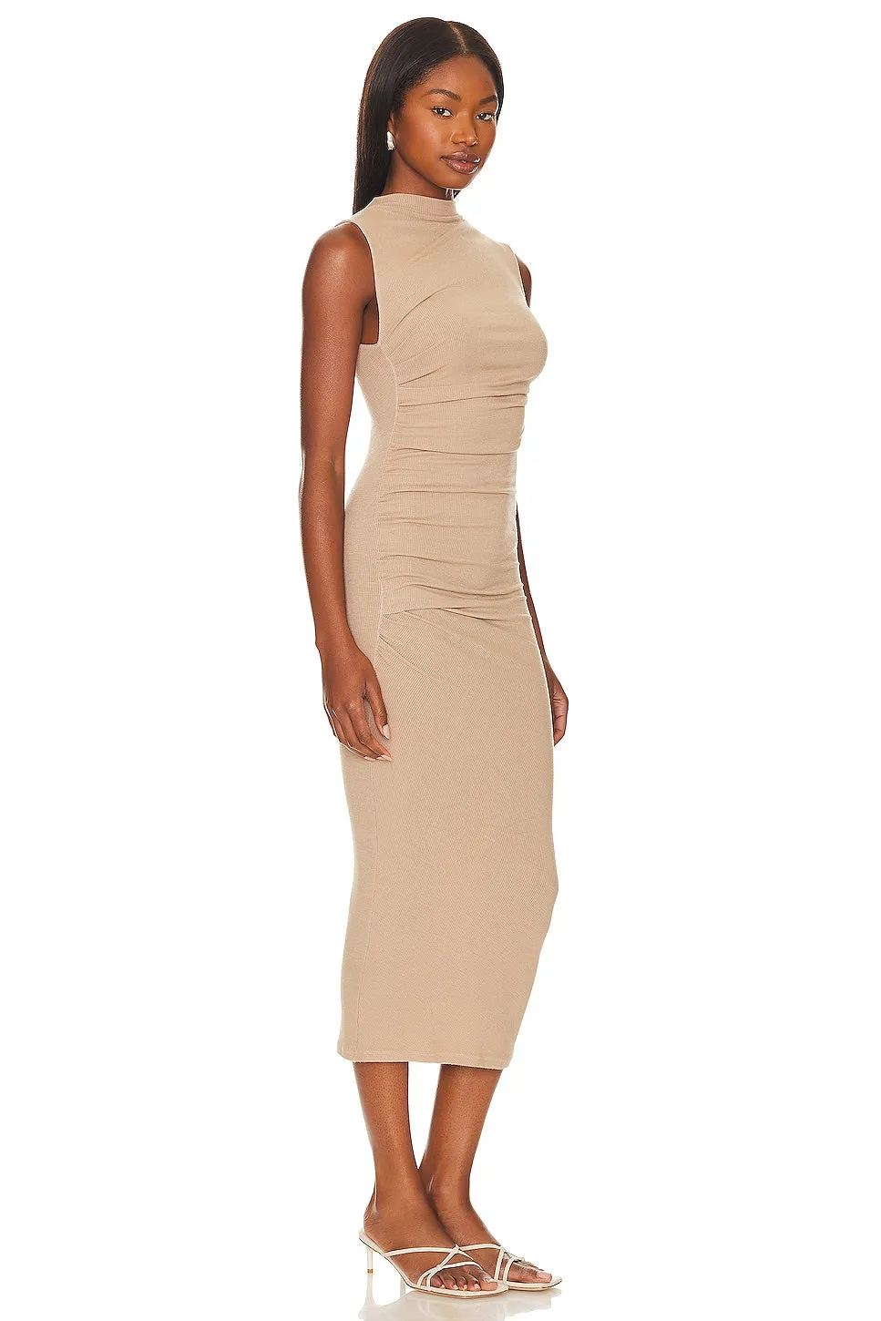 Enza Costa Silk Knit Sleeveless Twist Midi Dress in Parchment