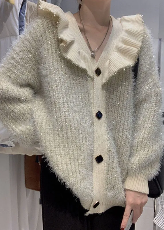 Fitted Beige Ruffled Button Patchwork Fall Knit Coat