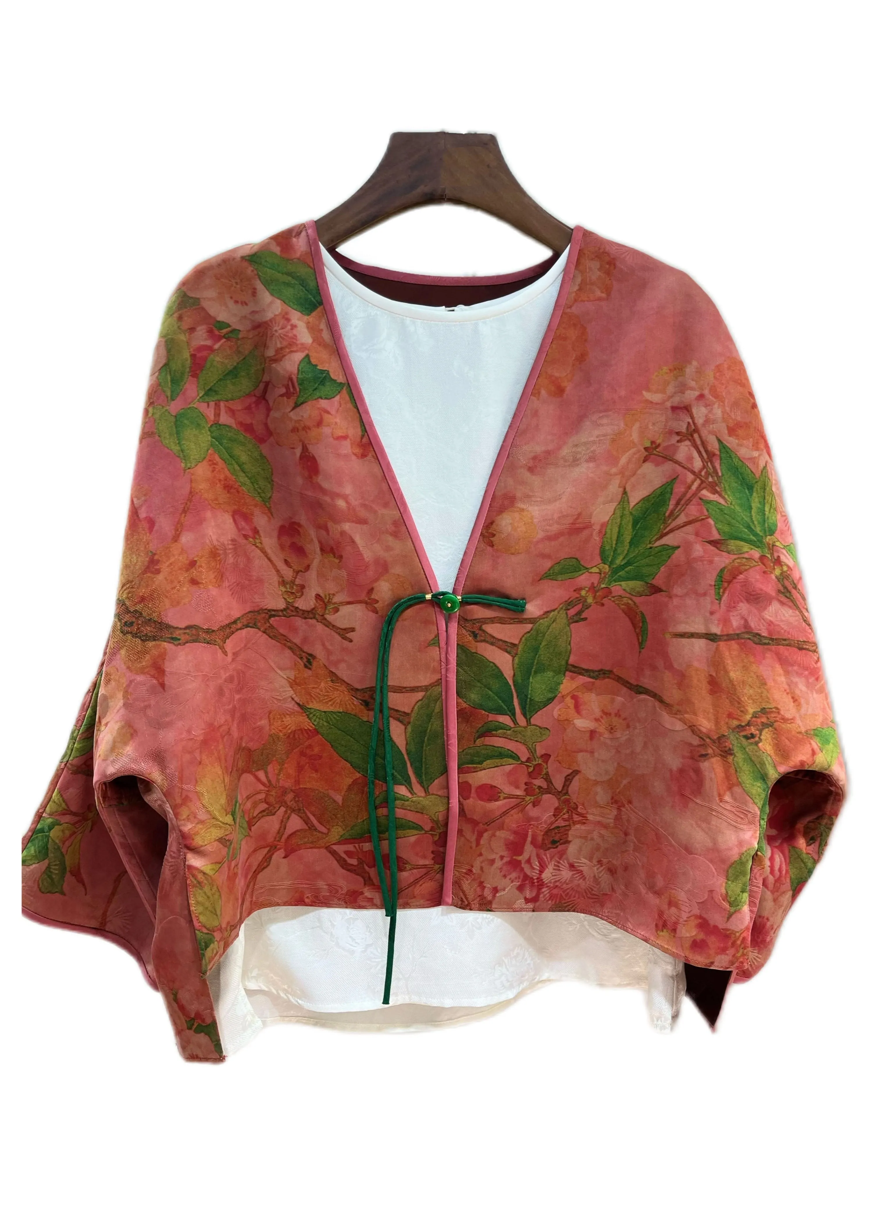 Fitted Brick Red Tasseled Print Silk Cardigans Batwing Sleeve LY7783