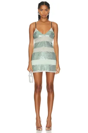 Fleur Du Mal Sequin Stripe Mini V Neck Slip Dress in Jade Sequin Stripe