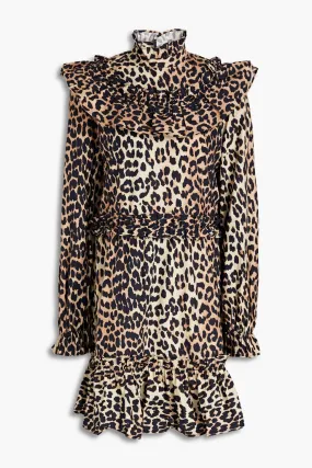 GANNI Cotton mini dress with leopard print and ruffles, animal print