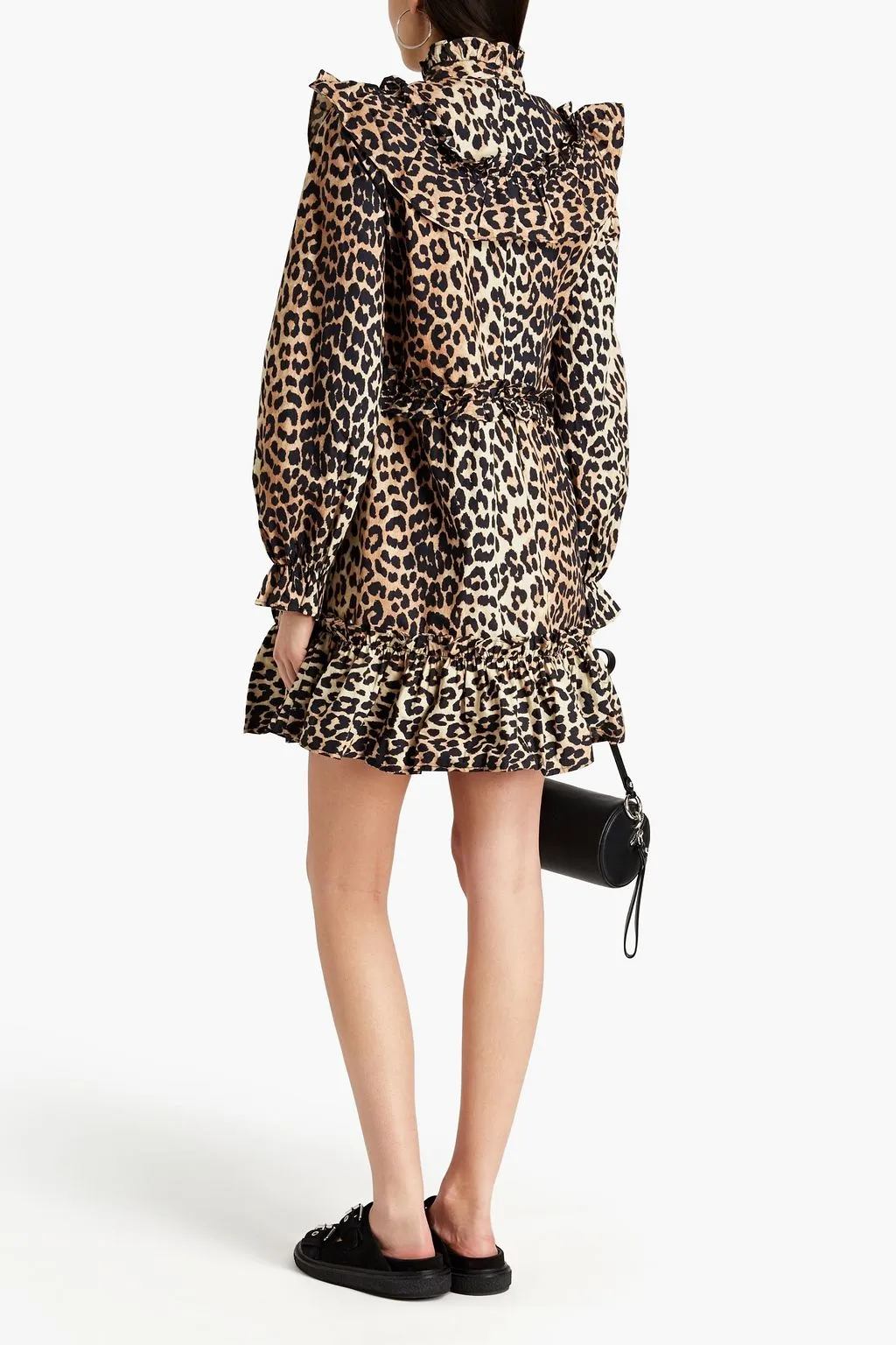 GANNI Cotton mini dress with leopard print and ruffles, animal print