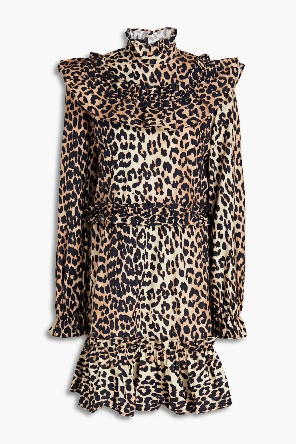 GANNI Cotton mini dress with leopard print and ruffles, animal print