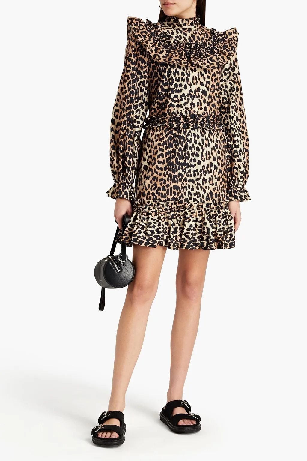 GANNI Cotton mini dress with leopard print and ruffles, animal print