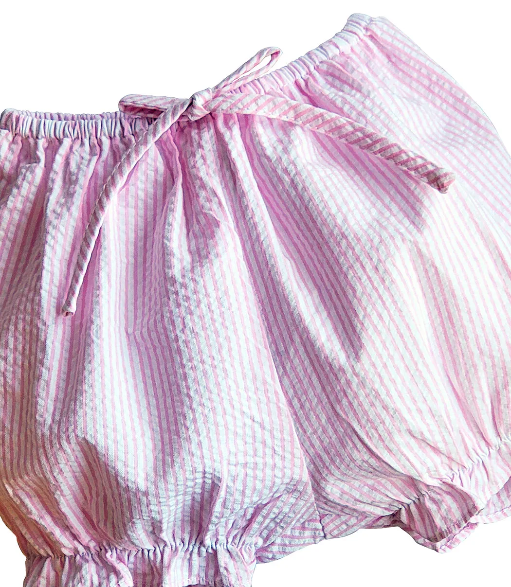 Girl's "Lara" Hand Smocked Seersucker Diaper Set