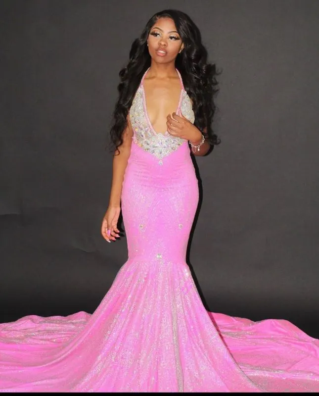 Glittery Blushing Pink Satin Crystal Mermaid Prom Dresses With Sleeveless