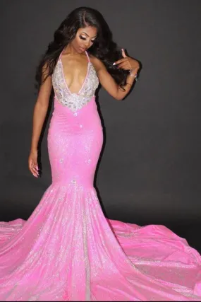 Glittery Blushing Pink Satin Crystal Mermaid Prom Dresses With Sleeveless