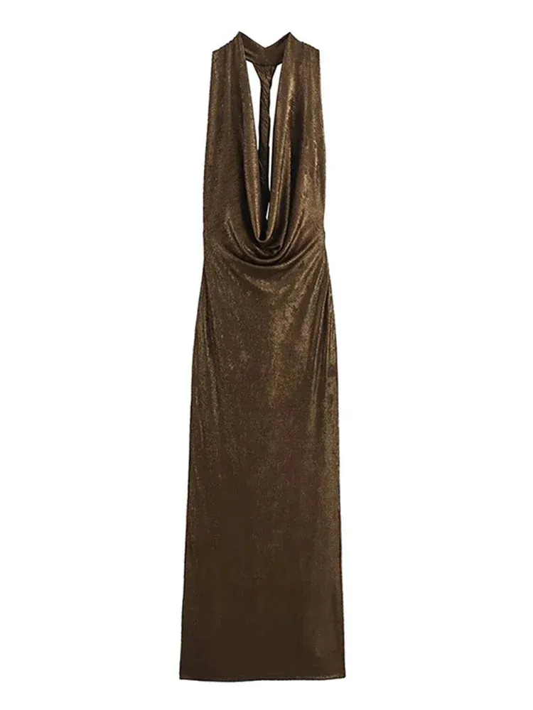 Glittery Plunging Cowel Neck Backless Sling Ultra Ruched Fashion Maxi Dress