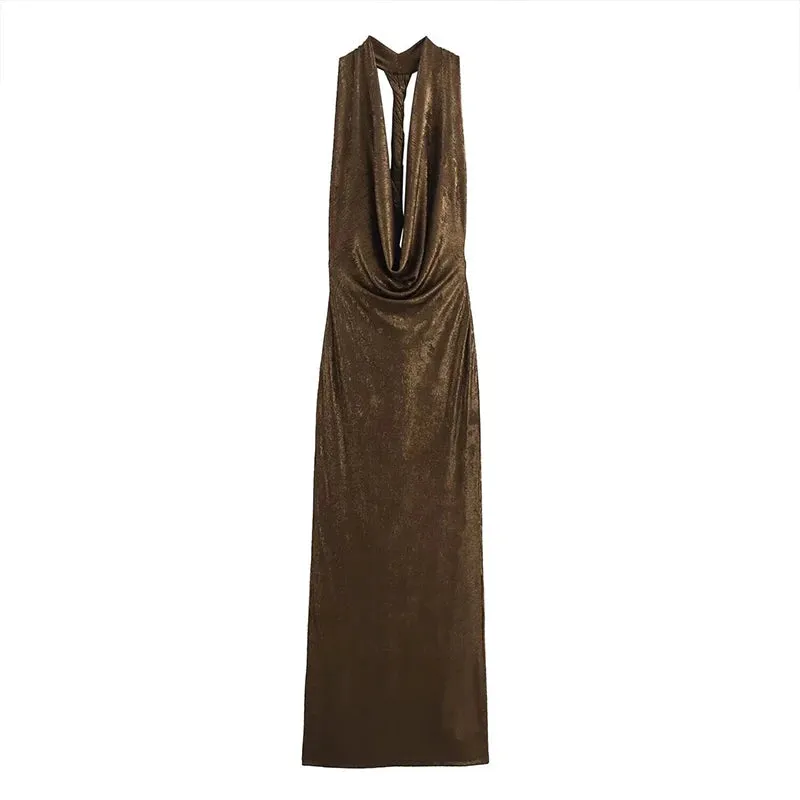 Glittery Plunging Cowel Neck Backless Sling Ultra Ruched Fashion Maxi Dress