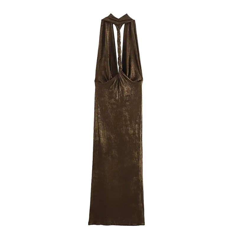 Glittery Plunging Cowel Neck Backless Sling Ultra Ruched Fashion Maxi Dress