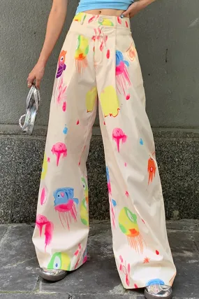 Graffiti Print Wide Leg Long Pants