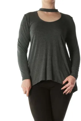 Gray Choker-Neck Long-Sleeve Stretch Flared Top