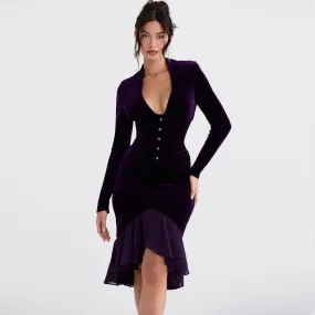 High Low Mesh Panel Ruffle Hem Long Sleeve Velvet Mini Dress - Purple