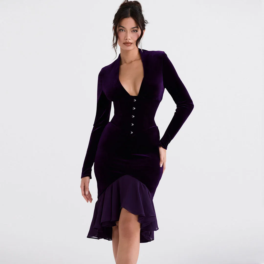 High Low Mesh Panel Ruffle Hem Long Sleeve Velvet Mini Dress - Purple