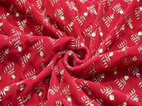 Hot Pink Zari Embroidered Velvet Fabric