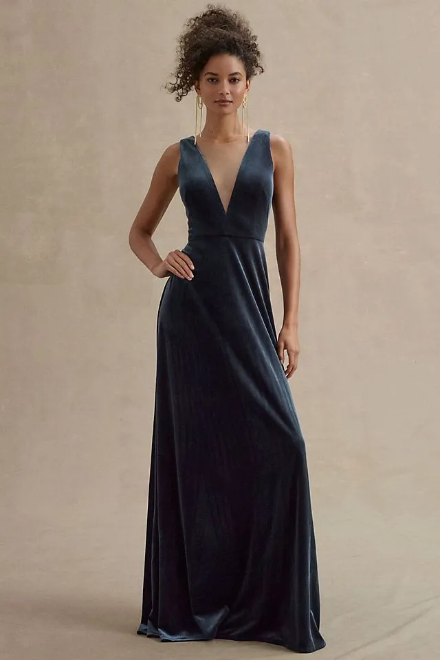 Jenny Yoo Logan Deep V Velvet Dress French Blue