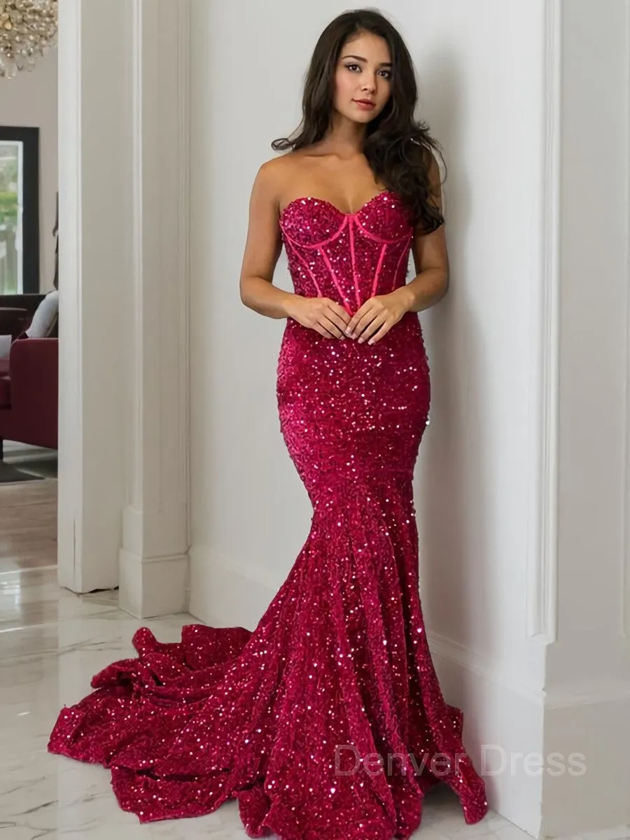 kamahe Sheath Sweetheart Court Train Velvet Sequins Prom Dresses With Ruffles