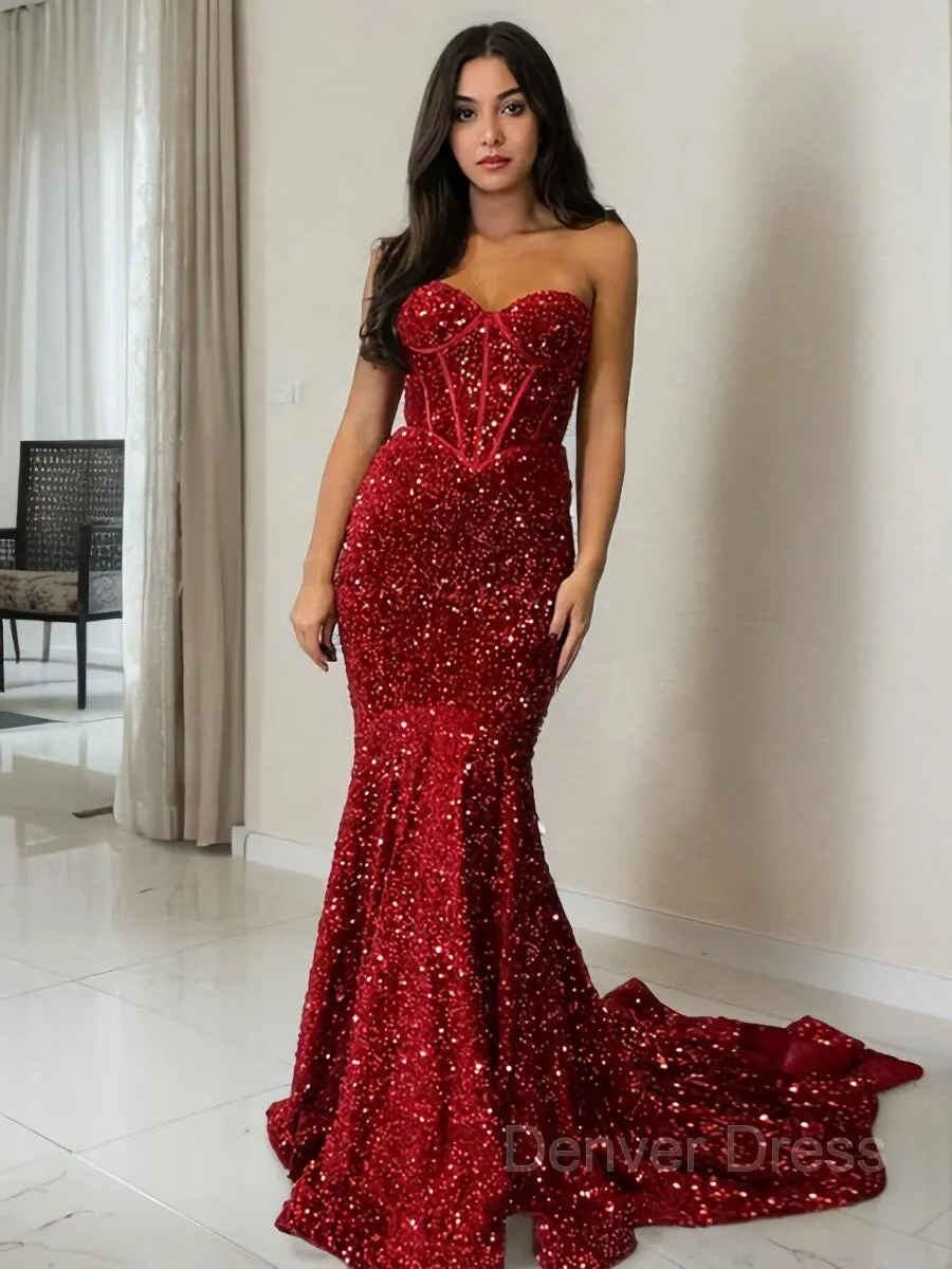 kamahe Sheath Sweetheart Court Train Velvet Sequins Prom Dresses With Ruffles