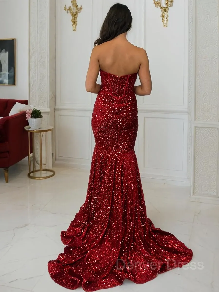 kamahe Sheath Sweetheart Court Train Velvet Sequins Prom Dresses With Ruffles