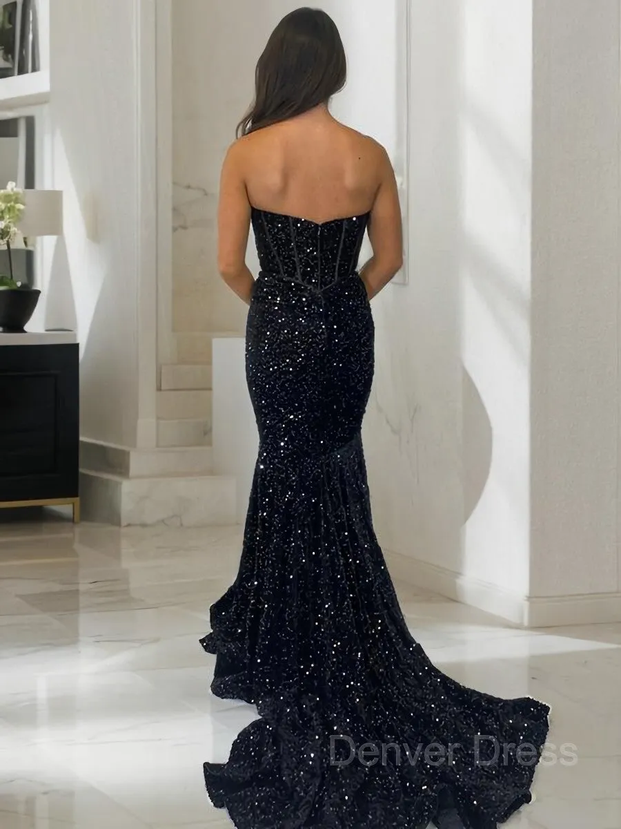 kamahe Sheath Sweetheart Court Train Velvet Sequins Prom Dresses With Ruffles