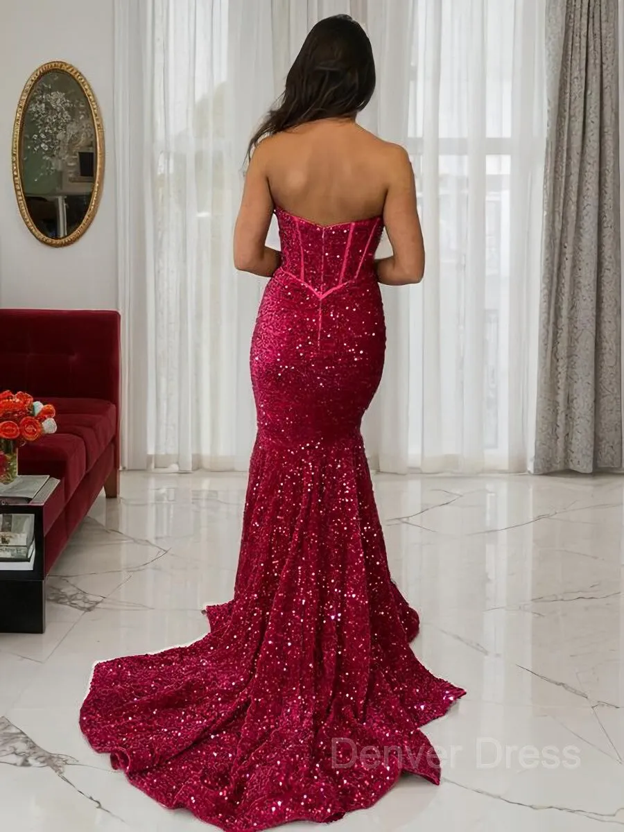 kamahe Sheath Sweetheart Court Train Velvet Sequins Prom Dresses With Ruffles