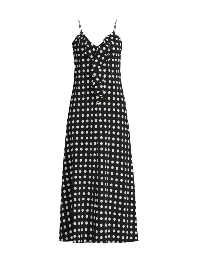 Karl Lagerfeld Paris Ruffle Polka Dot Midi Dress in Black Soft White