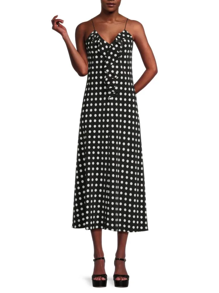 Karl Lagerfeld Paris Ruffle Polka Dot Midi Dress in Black Soft White