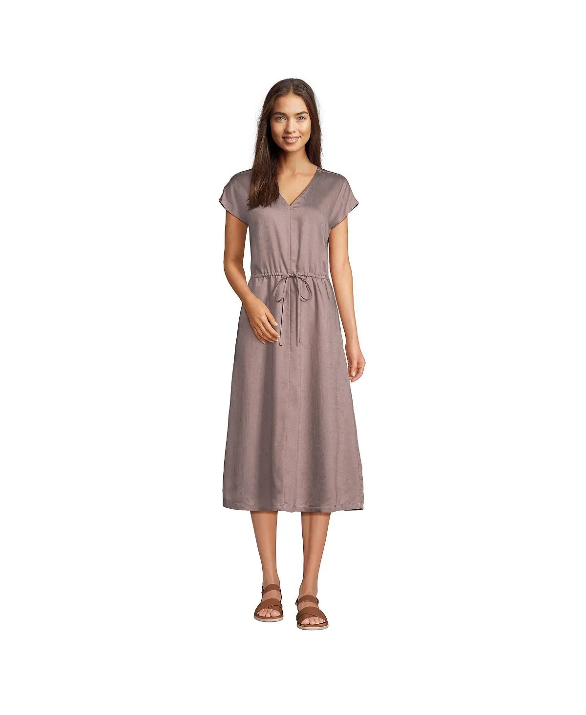 Lands' End Women's Tencel V-Neck Midi Dress