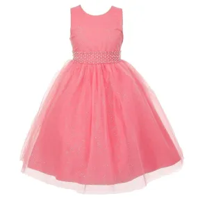 Little Girls Coral Sparkly Tulle Pearls Occasion Dress 2-6