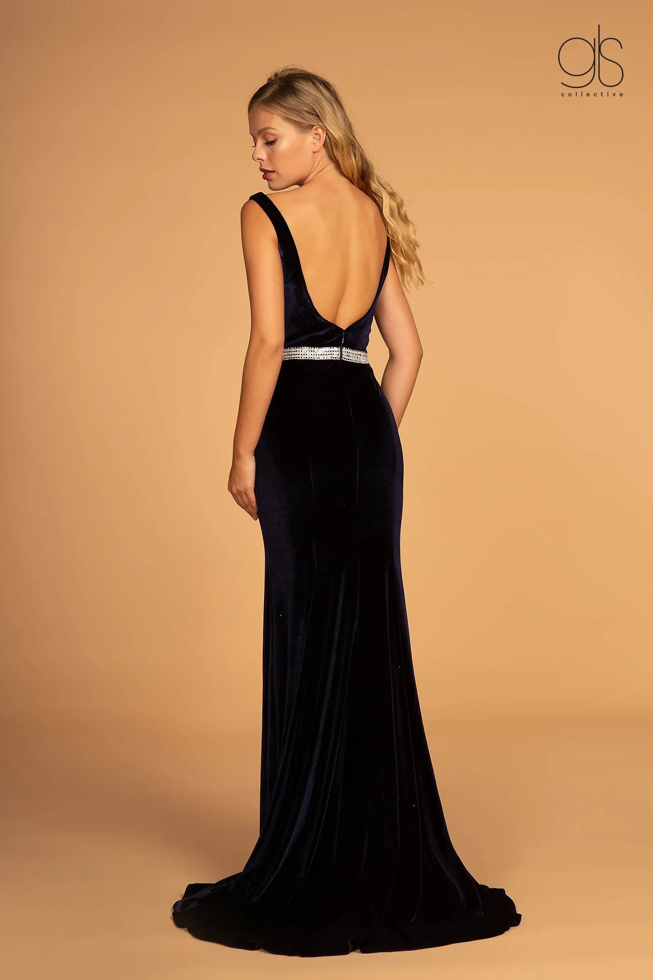 Long V-Neck Velvet Dress with Open Back by Elizabeth K GL2559