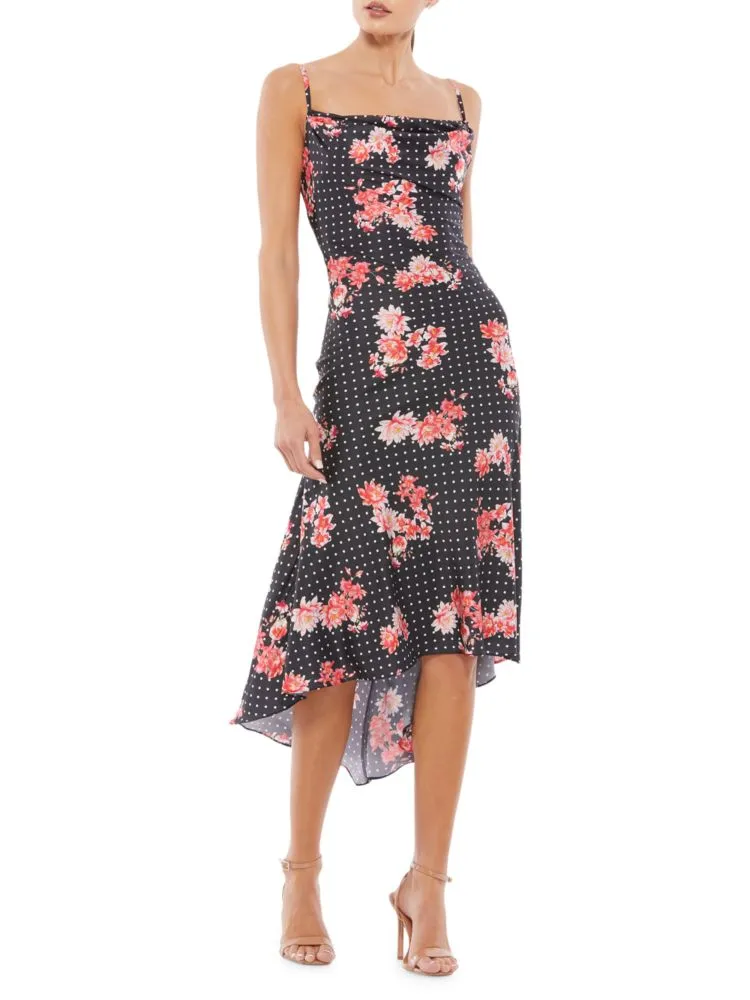 Mac Duggal Asymmetrical Floral Polka Dot Midi Dress in Black Multi