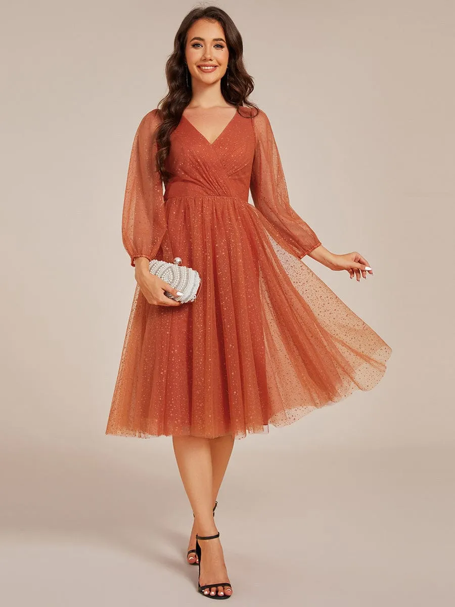 Maren | Glittery Long Sleeve V-Neck Midi Wedding Guest Dress