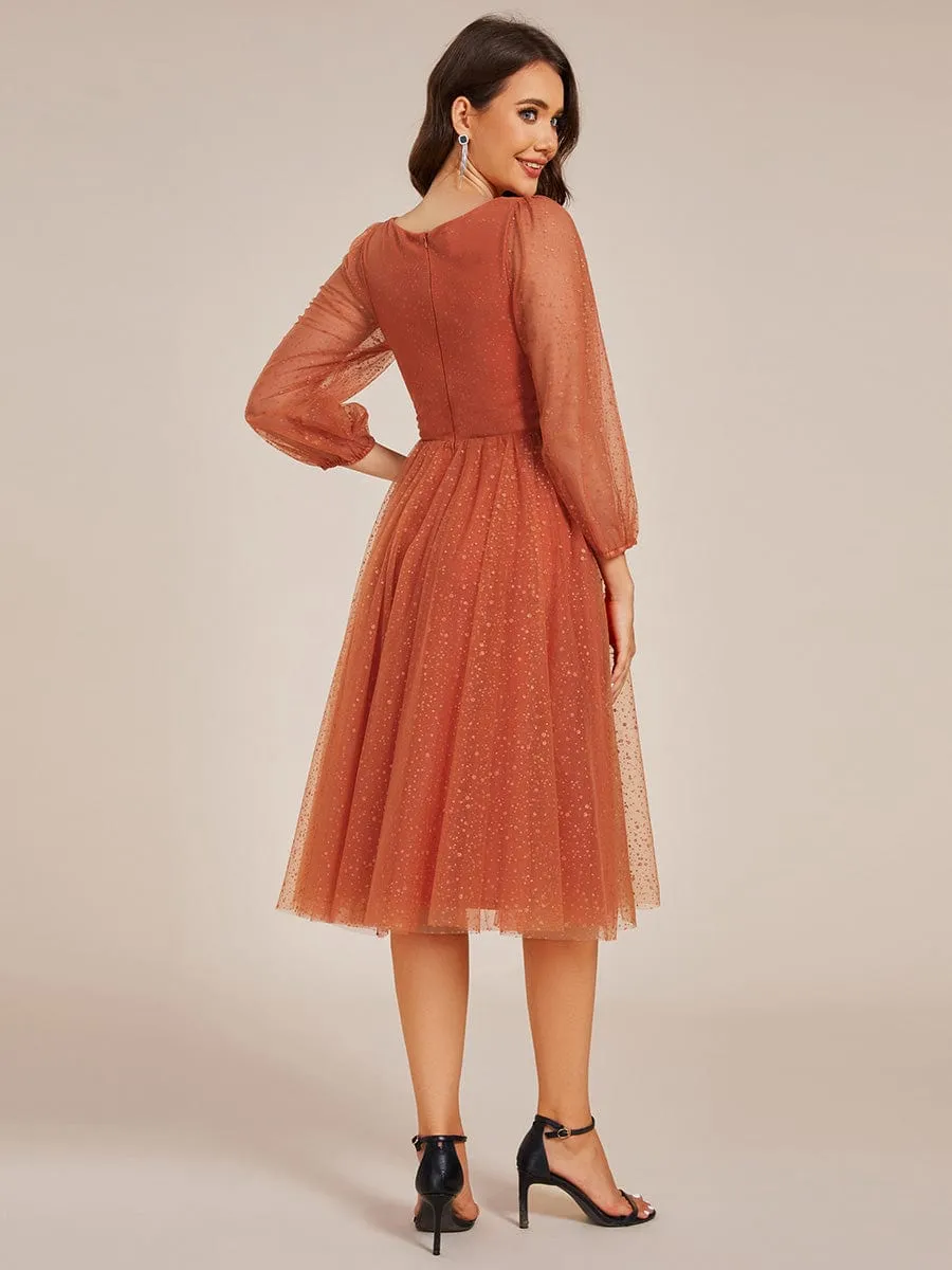 Maren | Glittery Long Sleeve V-Neck Midi Wedding Guest Dress