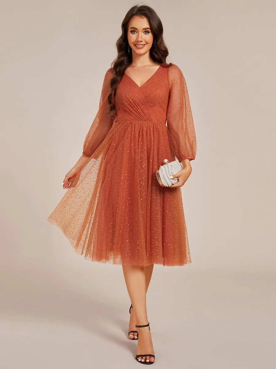 Maren | Glittery Long Sleeve V-Neck Midi Wedding Guest Dress