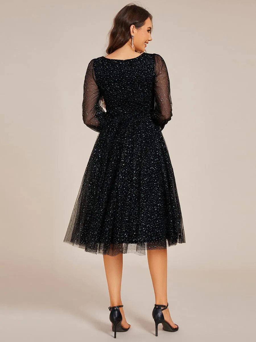 Maren | Glittery Long Sleeve V-Neck Midi Wedding Guest Dress