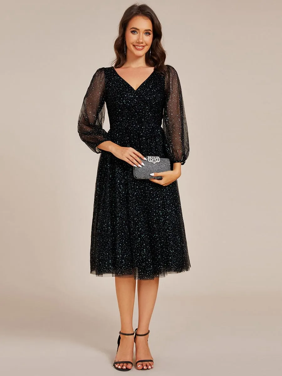 Maren | Glittery Long Sleeve V-Neck Midi Wedding Guest Dress