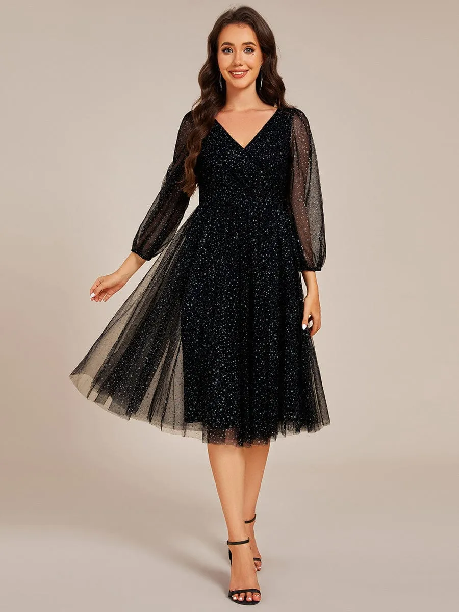 Maren | Glittery Long Sleeve V-Neck Midi Wedding Guest Dress