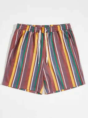 Men Drawstring Waist Striped Shorts