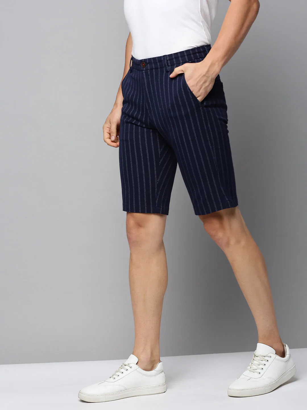 Men Navy Striped Casual Shorts