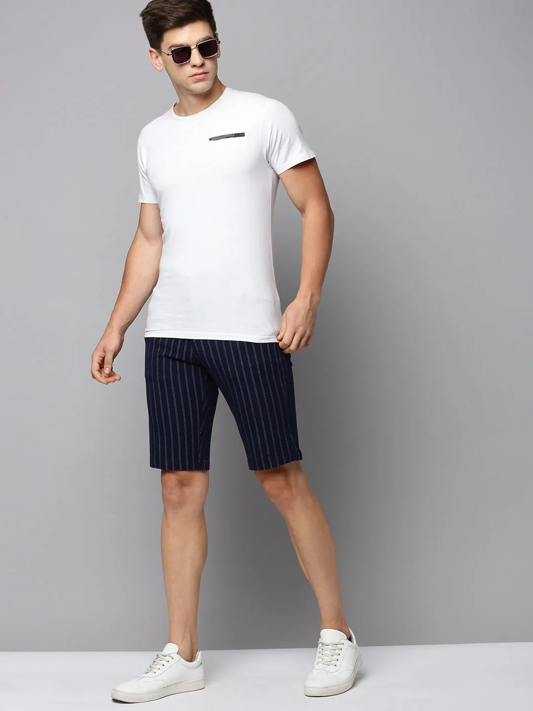 Men Navy Striped Casual Shorts