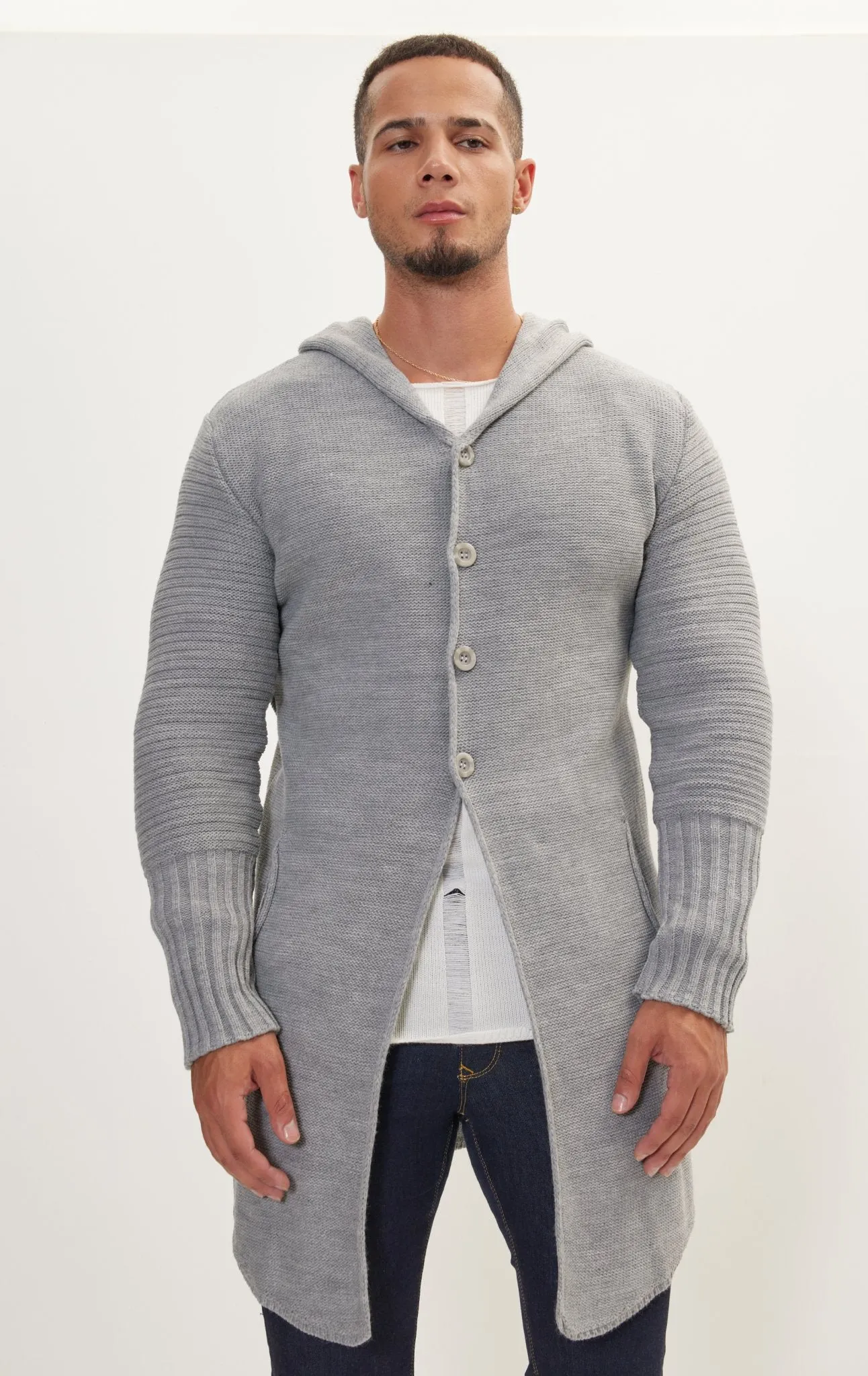 Ribbed Sleeves Fitted Cardigan - Grey