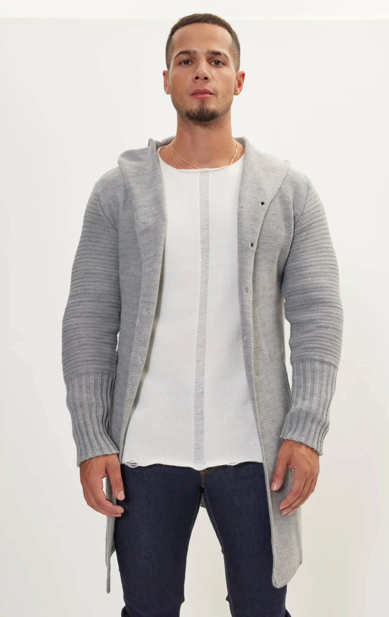 Ribbed Sleeves Fitted Cardigan - Grey