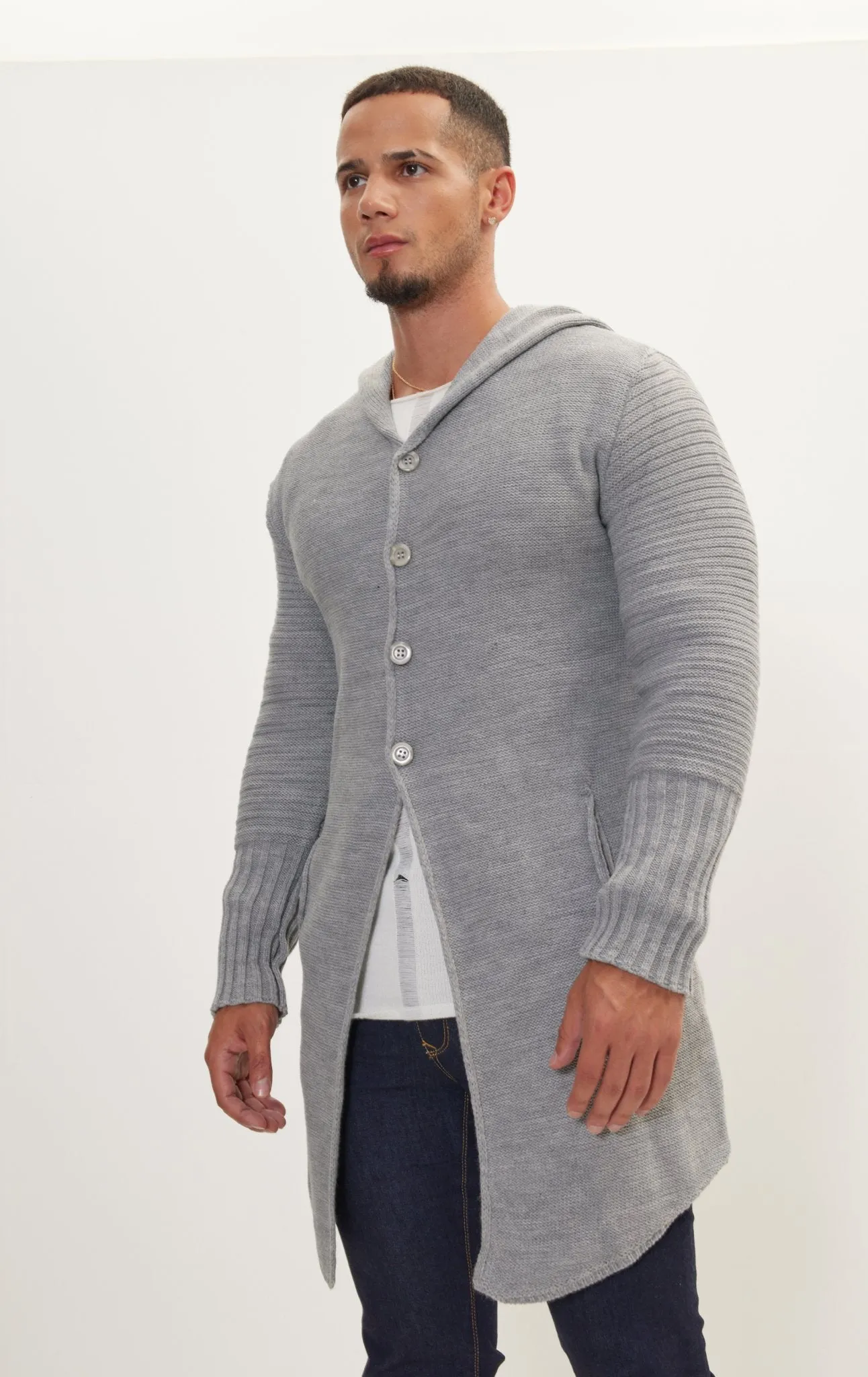 Ribbed Sleeves Fitted Cardigan - Grey