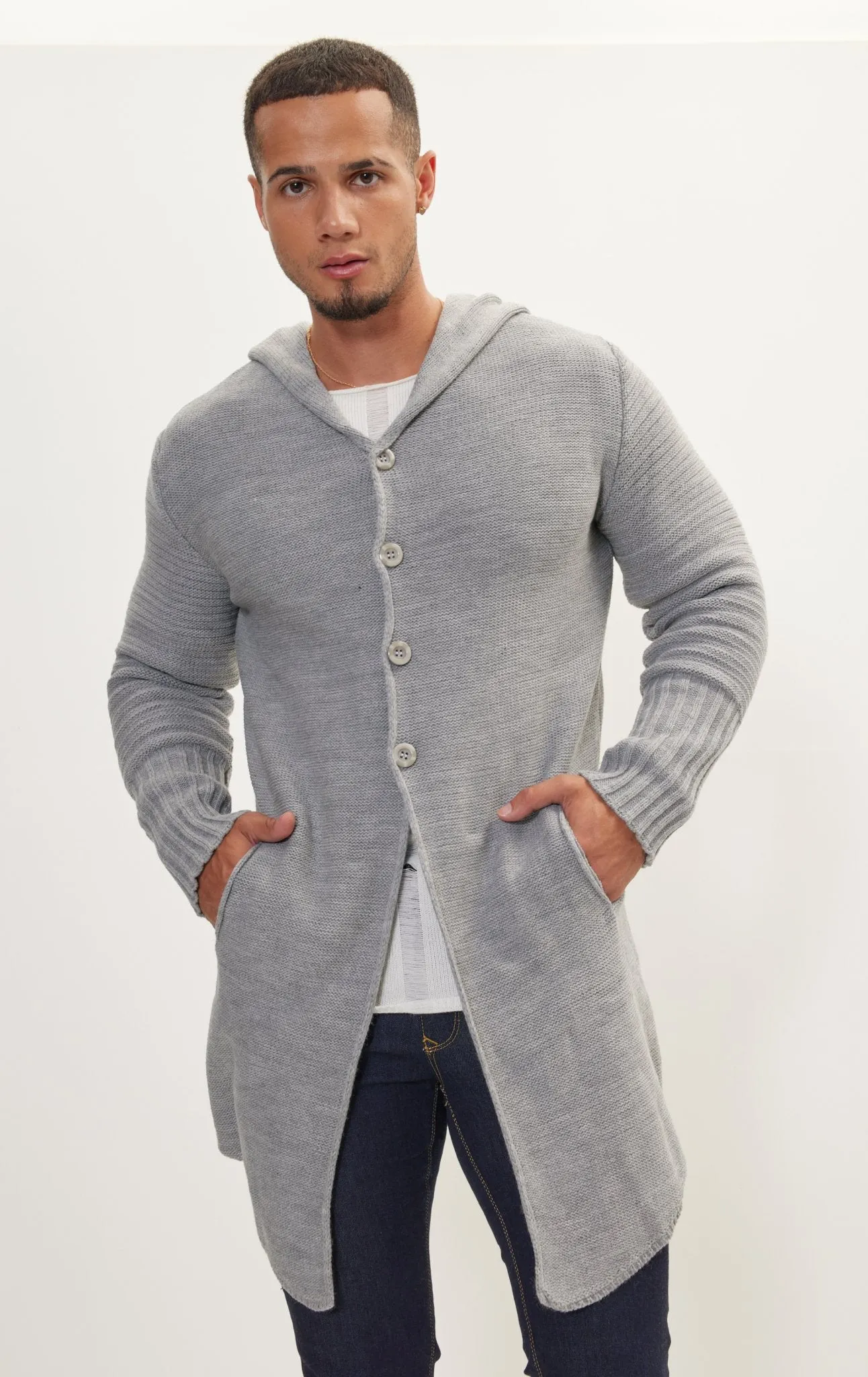 Ribbed Sleeves Fitted Cardigan - Grey