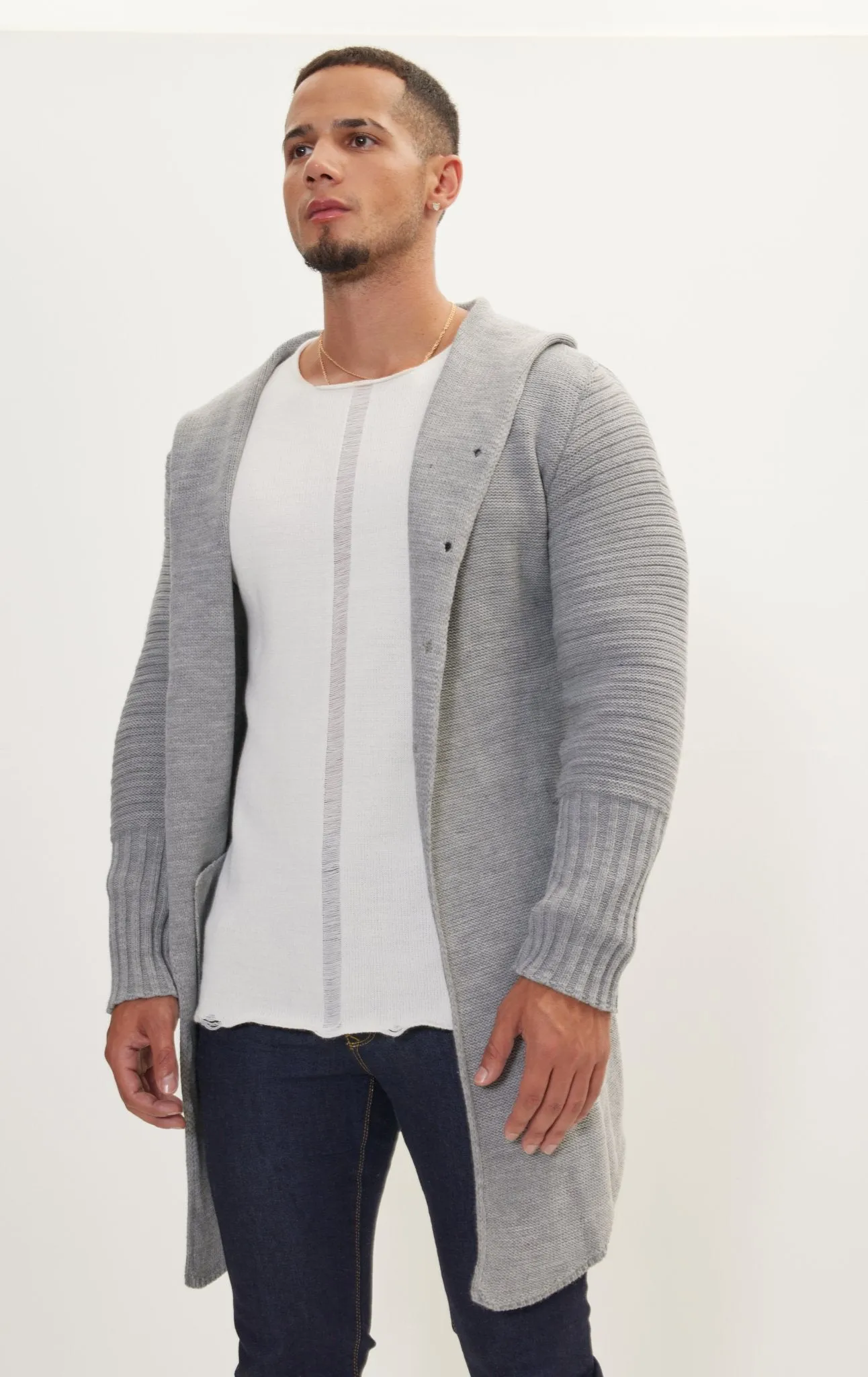 Ribbed Sleeves Fitted Cardigan - Grey