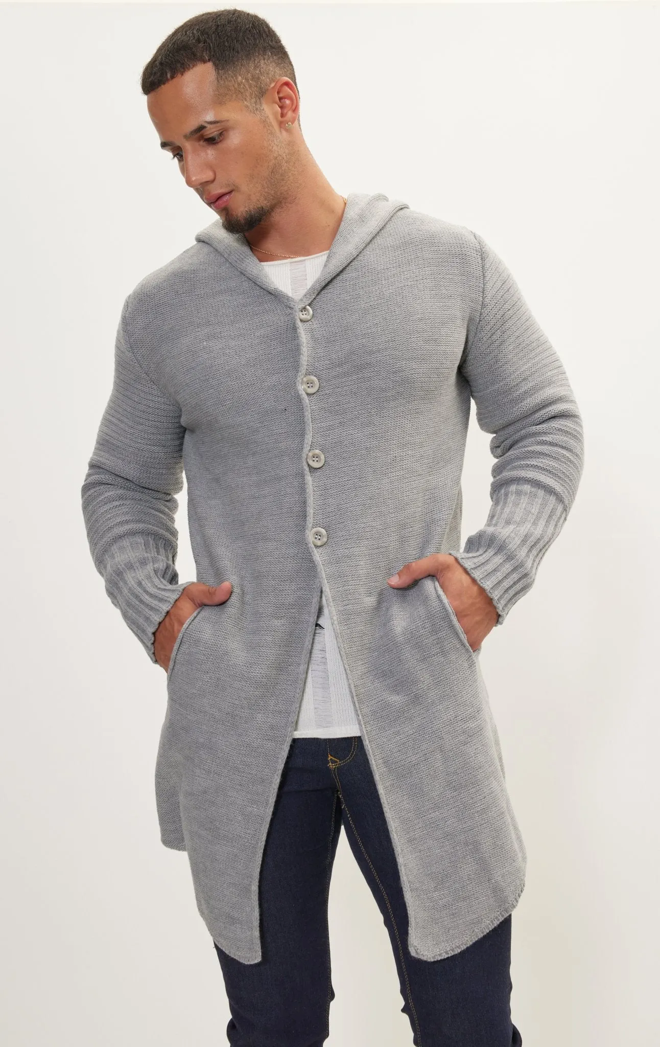 Ribbed Sleeves Fitted Cardigan - Grey