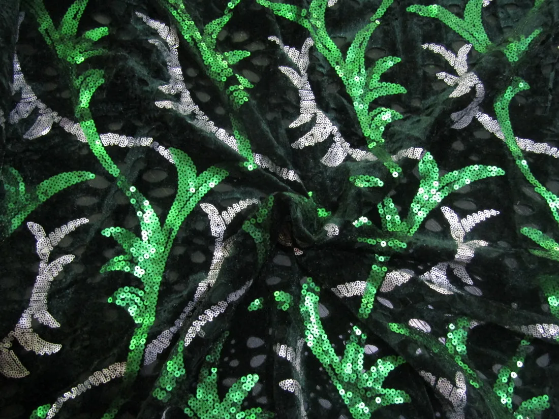 SEQUENCE with Net and Velvet, green and silver cut work embroidery 58" Wide [10527]